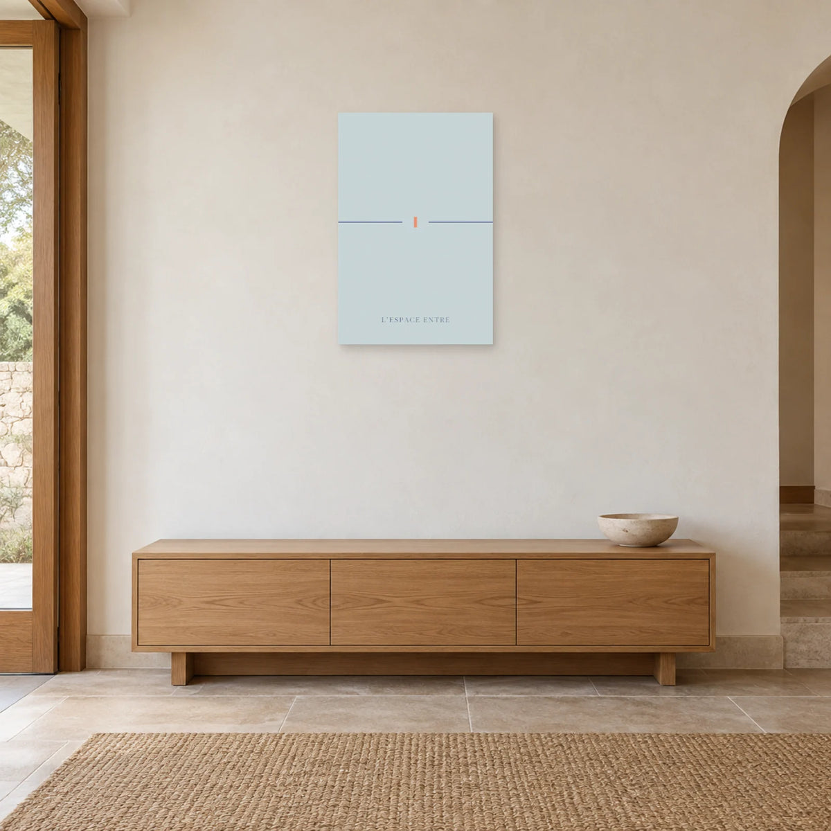 Affiche minimaliste - Ligne interrompue azur dans une entrée ou un couloir - Art Virtuoso