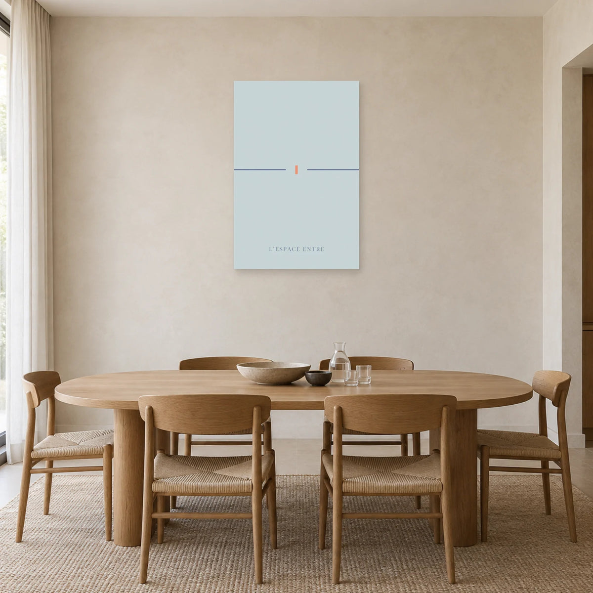 Affiche minimaliste - Ligne interrompue azur dans une salle à manger - Art Virtuoso