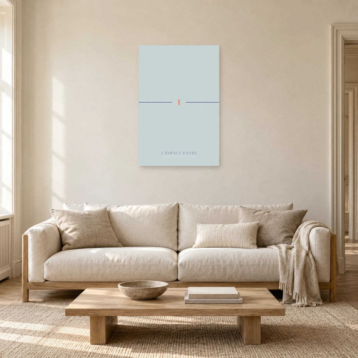 Affiche minimaliste - Ligne interrompue azur dans un salon - Art Virtuoso