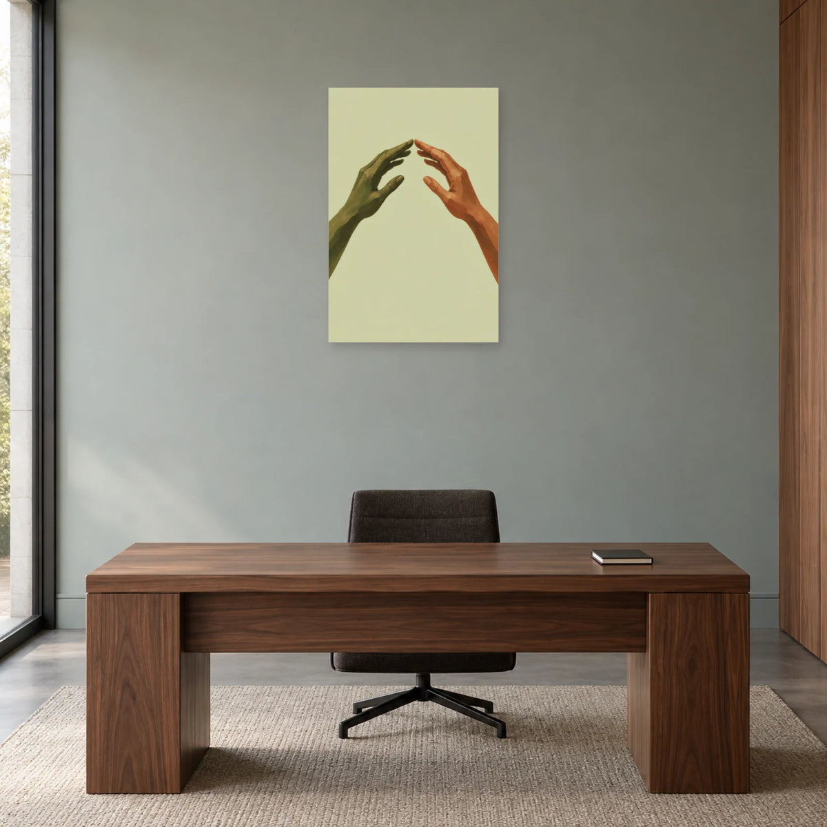 Olive-and-sienna hands poster above a wooden desk with a swivel office chair