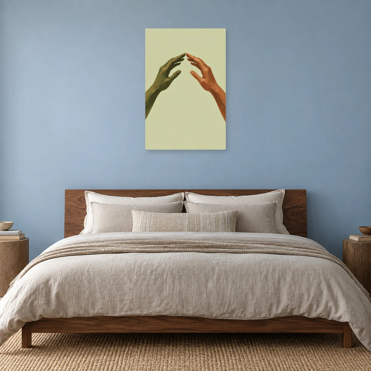 Hands poster above a wooden bed with neutral bedding against a blue wall
