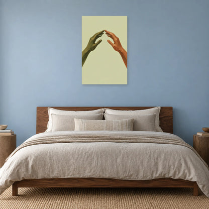 Hands poster above a wooden bed with neutral bedding against a blue wall