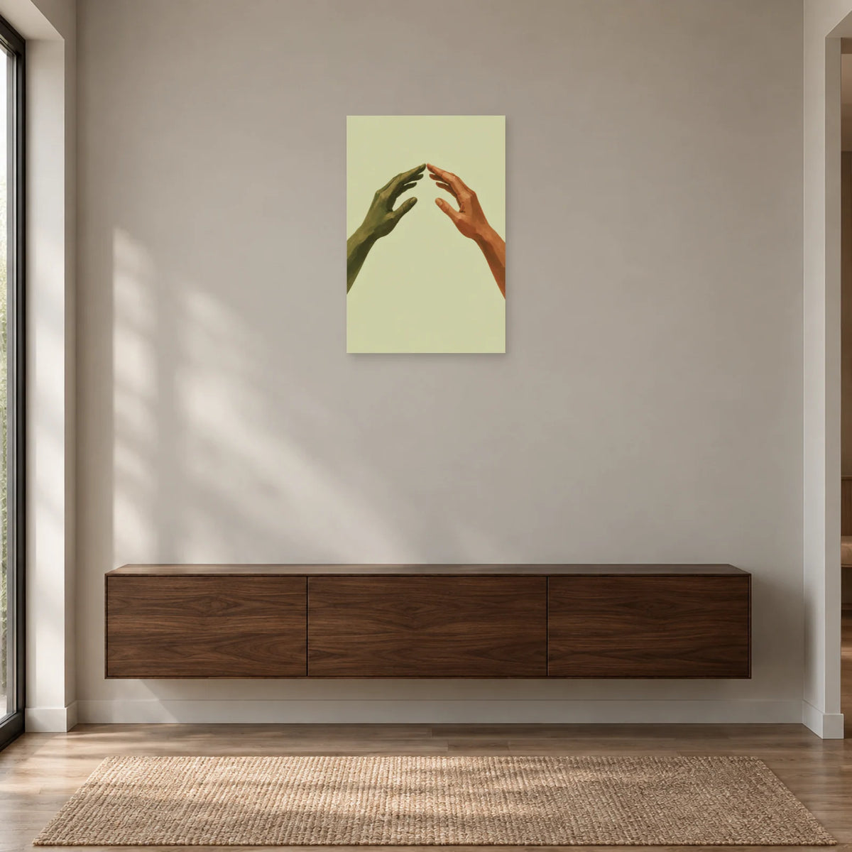 Open-arch hands poster above a floating dark wooden sideboard beside a window