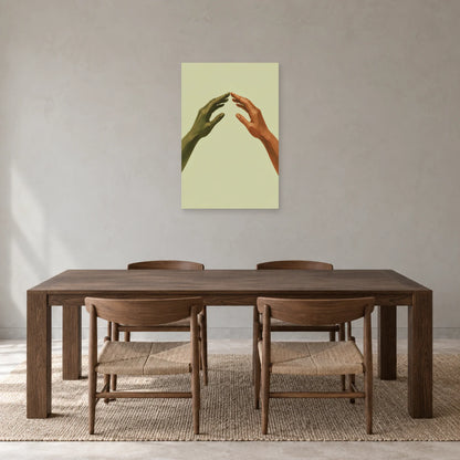 Two-hands poster above a rectangular wooden dining table and chairs
