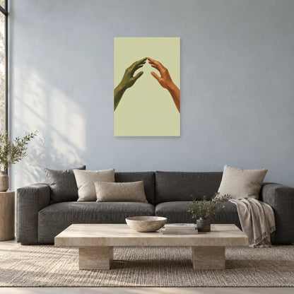 Open-arch hands poster above a charcoal sofa and pale rectangular coffee table
