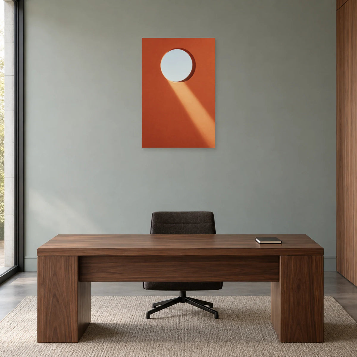 Affiche minimaliste - Oculus dans le mur dans un bureau - Art Virtuoso