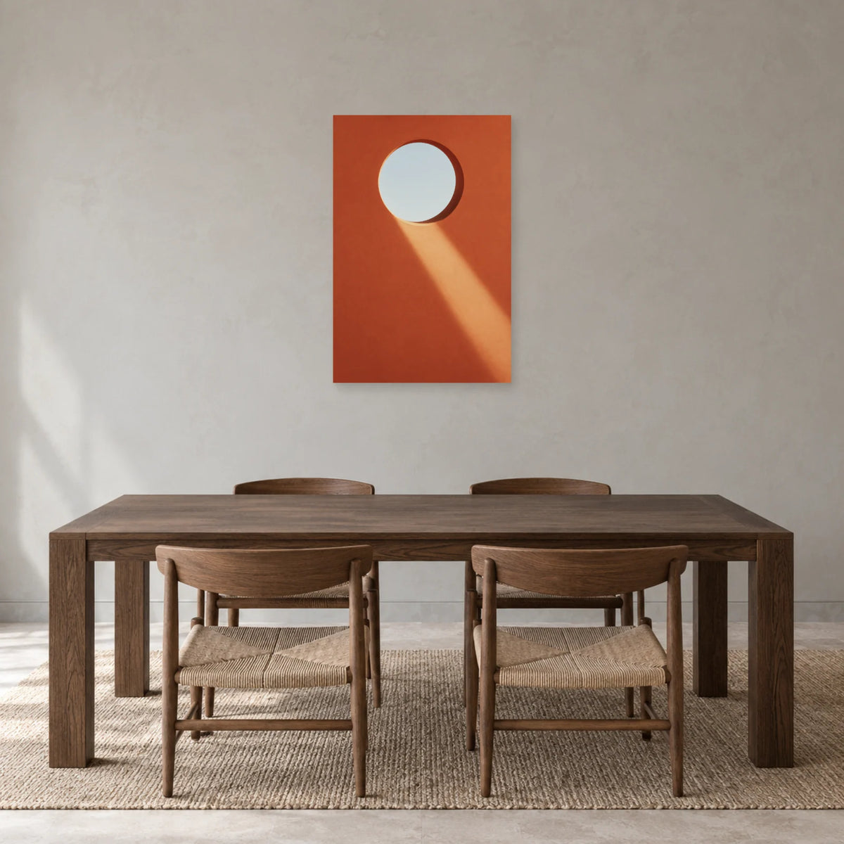 Affiche minimaliste - Oculus dans le mur dans une salle à manger - Art Virtuoso