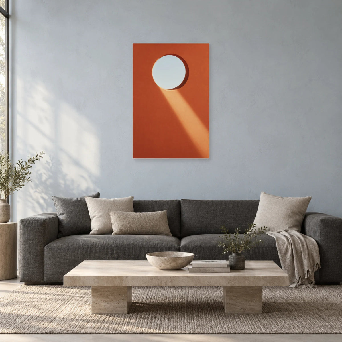 Affiche minimaliste - Oculus dans le mur dans un salon - Art Virtuoso