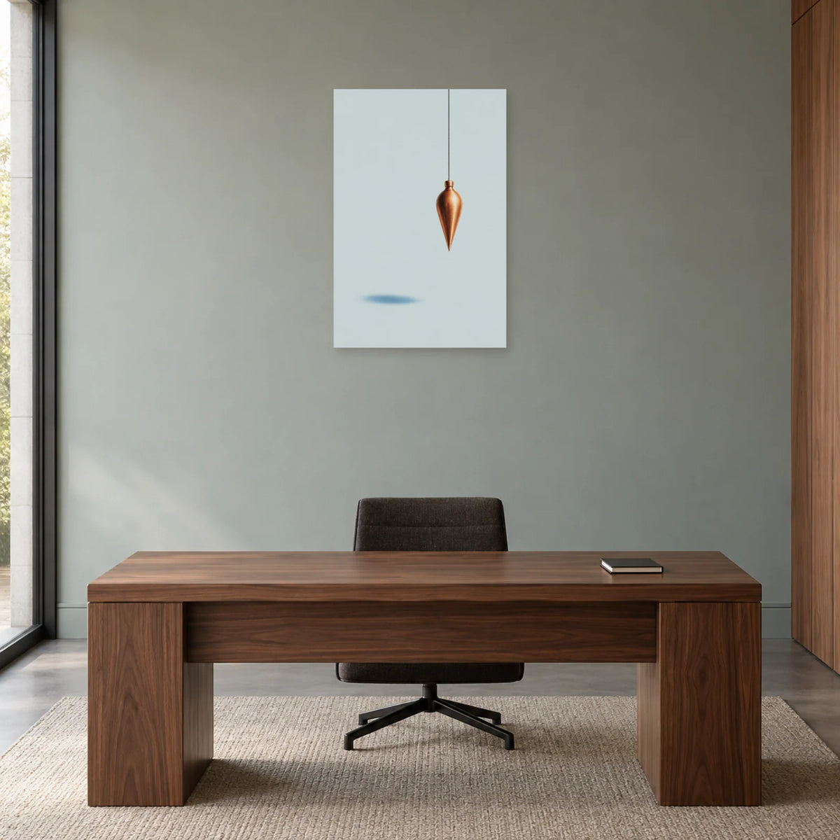 Affiche minimaliste - Pendule cuivre et ciel dans un bureau - Art Virtuoso