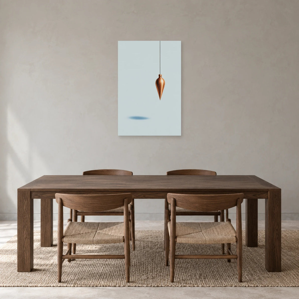 Affiche minimaliste - Pendule cuivre et ciel dans une salle à manger - Art Virtuoso