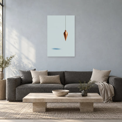Affiche minimaliste - Pendule cuivre et ciel dans un salon - Art Virtuoso