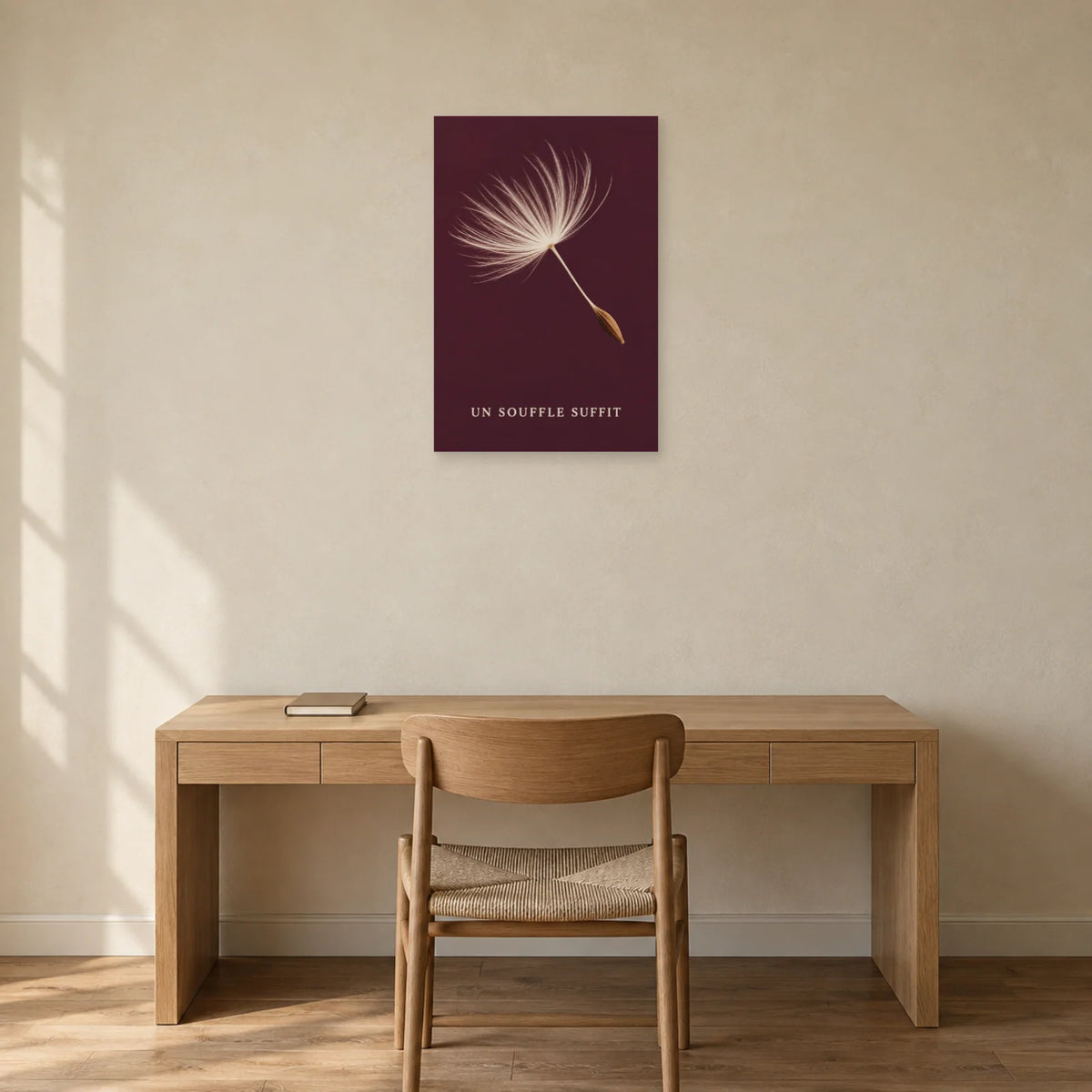Affiche minimaliste - Graine de pissenlit en envol dans un bureau - Art Virtuoso