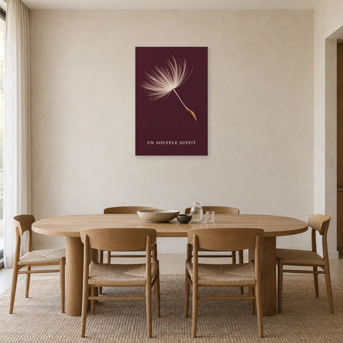 Affiche minimaliste - Graine de pissenlit en envol dans une salle à manger - Art Virtuoso