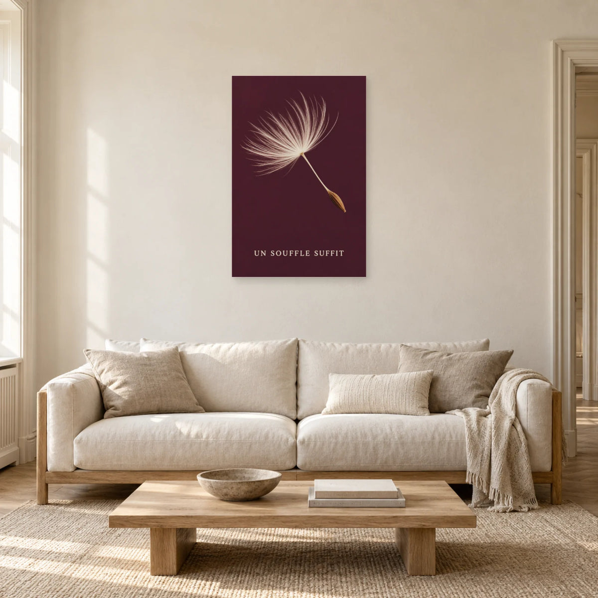 Affiche minimaliste - Graine de pissenlit en envol dans un salon - Art Virtuoso