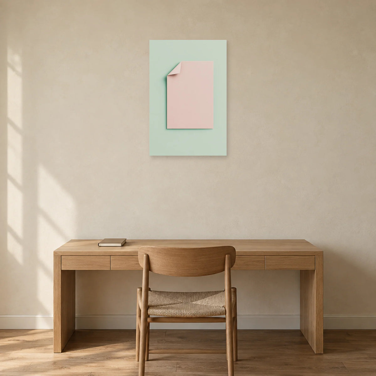 Affiche minimaliste - Pli de papier rose et menthe dans un bureau - Art Virtuoso