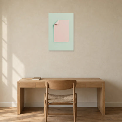 Affiche minimaliste - Pli de papier rose et menthe dans un bureau - Art Virtuoso