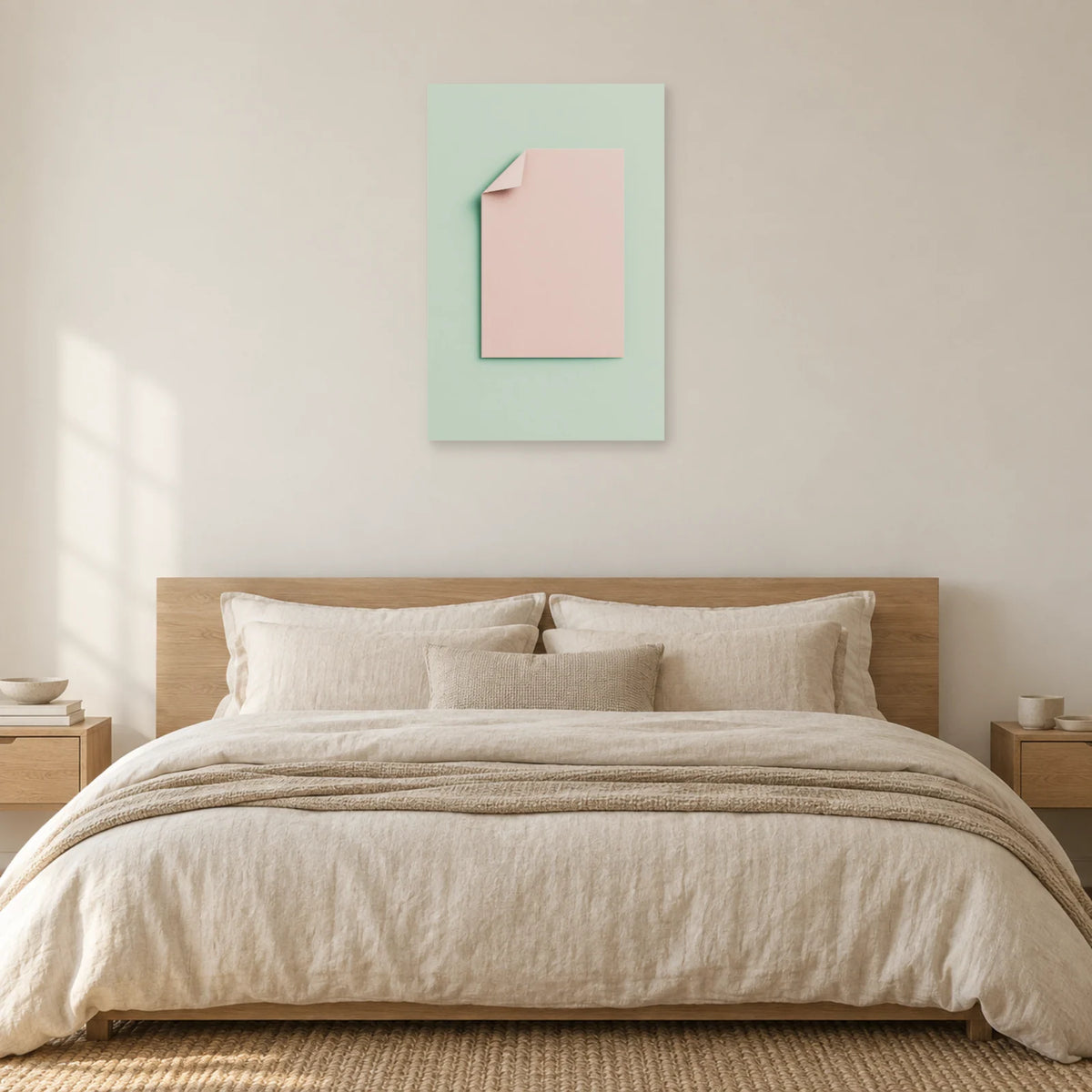 Affiche minimaliste - Pli de papier rose et menthe dans une chambre - Art Virtuoso