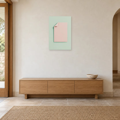 Affiche minimaliste - Pli de papier rose et menthe dans une entrée ou un couloir - Art Virtuoso