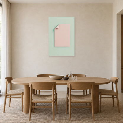 Affiche minimaliste - Pli de papier rose et menthe dans une salle à manger - Art Virtuoso