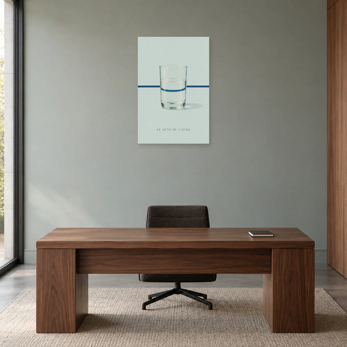 Affiche minimaliste - Verre d’eau et réfraction dans un bureau - Art Virtuoso