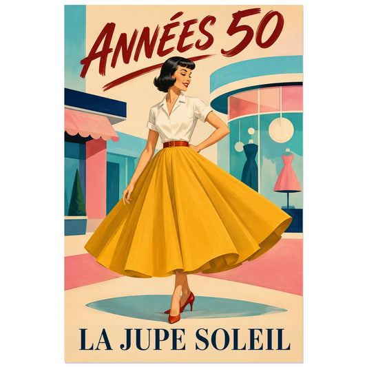 Affiche Mode années 50, jupe soleil, illustration de mode des années 1950 verticale, format 30 × 45 cm