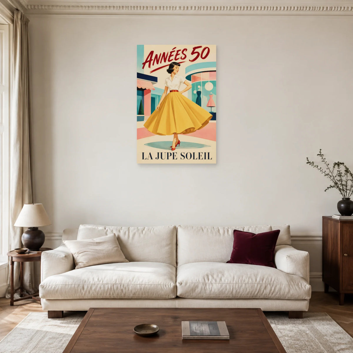 Affiche Mode années 50, jupe soleil dans un salon - Art Virtuoso