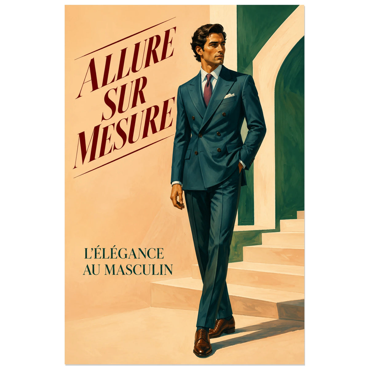 Affiche Mode homme, allure sur mesure, illustration de mode masculine à la gouache verticale, format 30 × 45 cm