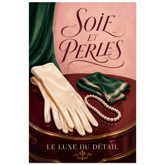 Affiche Mode de luxe, soie et perles, nature morte élégante, peinture et calligraphie verticale, format 30 × 45 cm