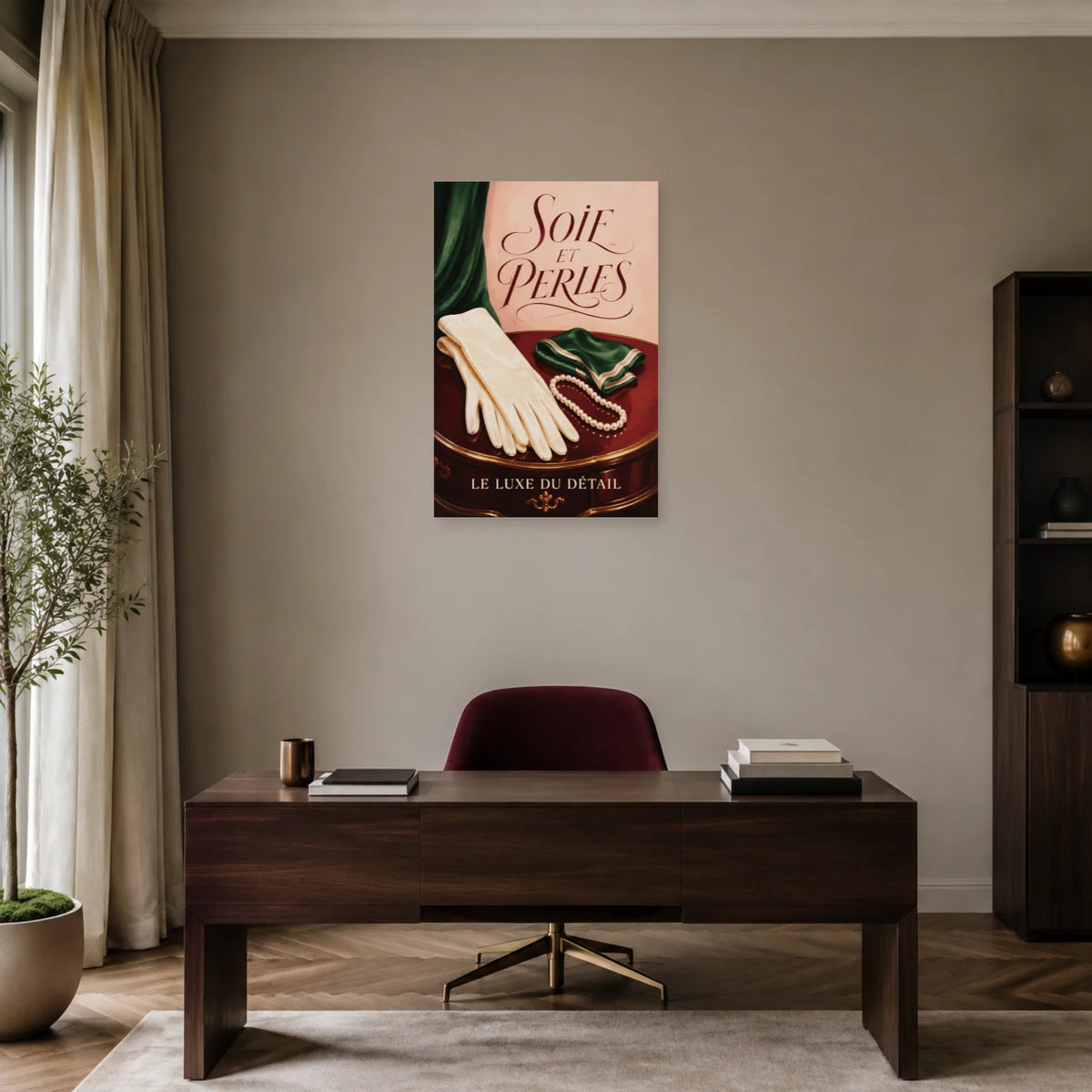 Affiche Mode de luxe, soie et perles dans un bureau - Art Virtuoso