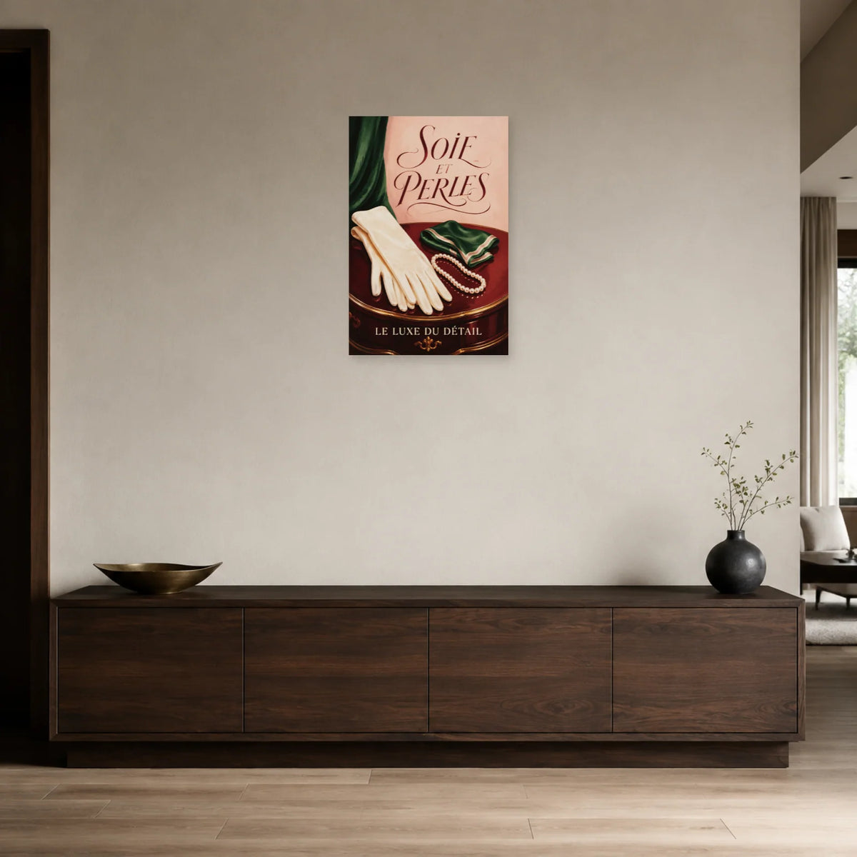 Affiche Mode de luxe, soie et perles dans une entrée ou un couloir - Art Virtuoso
