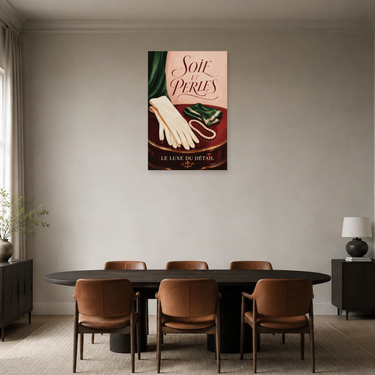 Affiche Mode de luxe, soie et perles dans une salle à manger - Art Virtuoso
