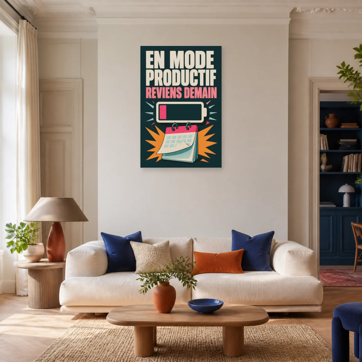 Affiche En mode productif – Reviens demain dans un salon - Art Virtuoso