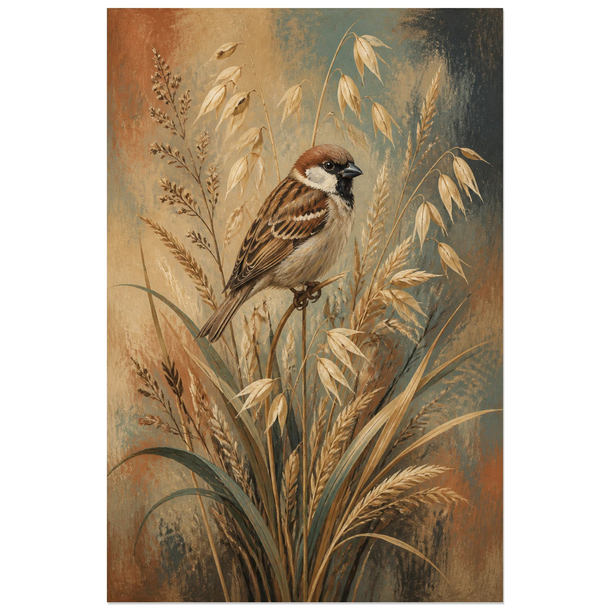 Affiche Moineau domestique et graminées sauvages, illustration naturaliste rustique aux tonalités terreuses verticale, format 40 × 60 cm