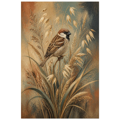 Affiche Moineau domestique et graminées sauvages, illustration naturaliste rustique aux tonalités terreuses verticale, format 40 × 60 cm