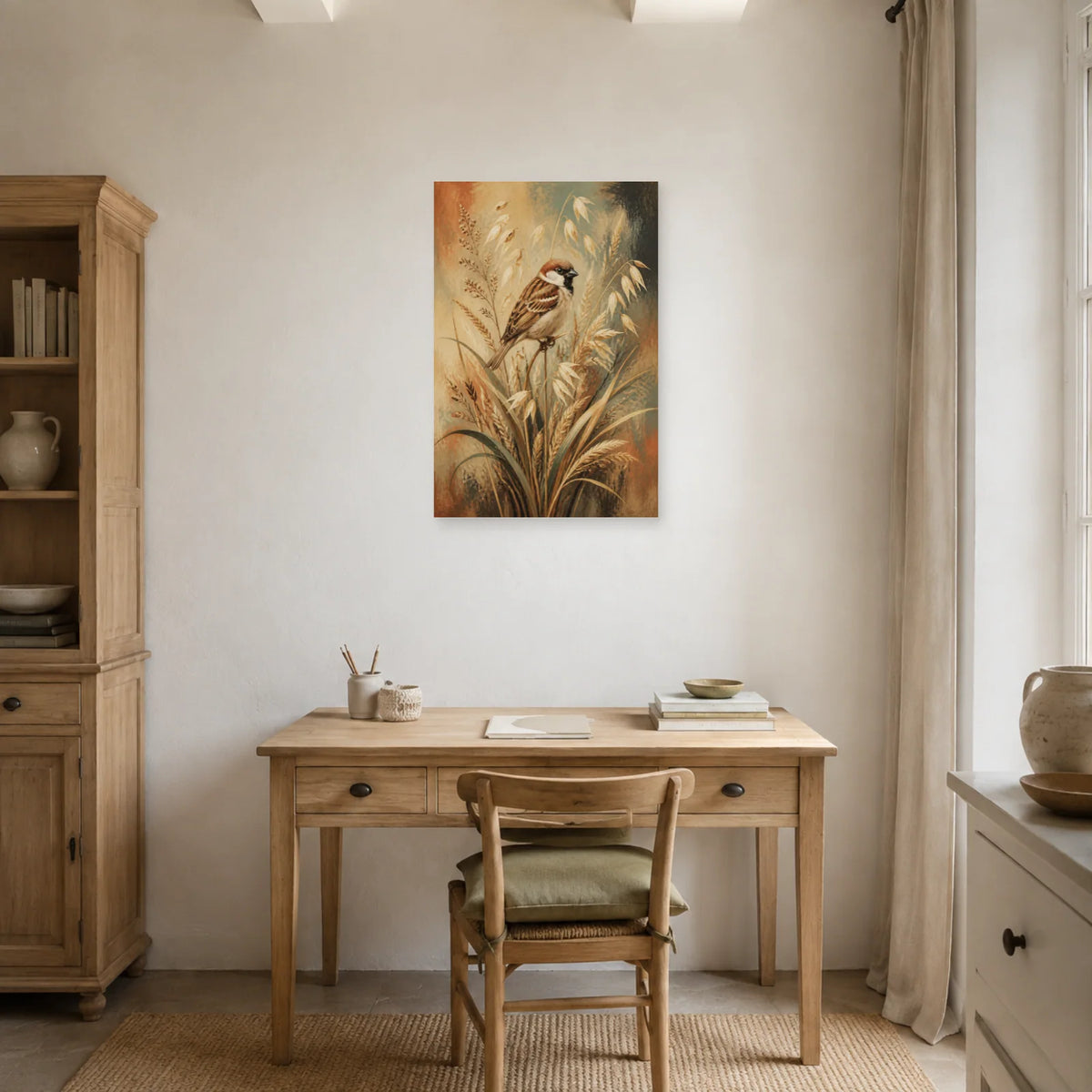Affiche Moineau domestique et graminées sauvages dans un bureau - Art Virtuoso