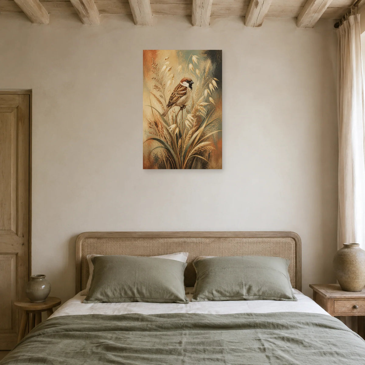 Affiche Moineau domestique et graminées sauvages dans une chambre - Art Virtuoso