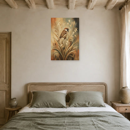 Affiche Moineau domestique et graminées sauvages dans une chambre - Art Virtuoso