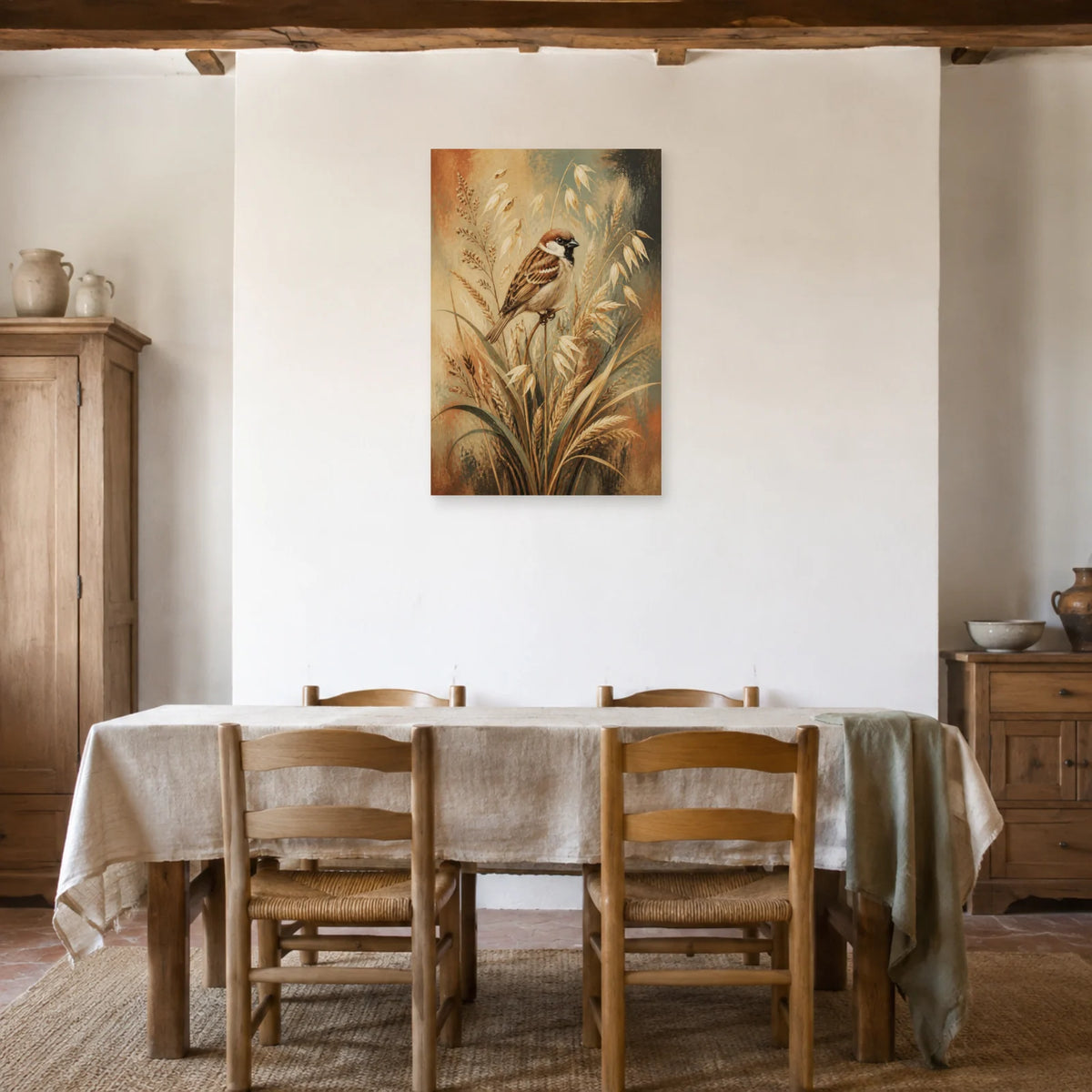 Affiche Moineau domestique et graminées sauvages dans une salle à manger - Art Virtuoso