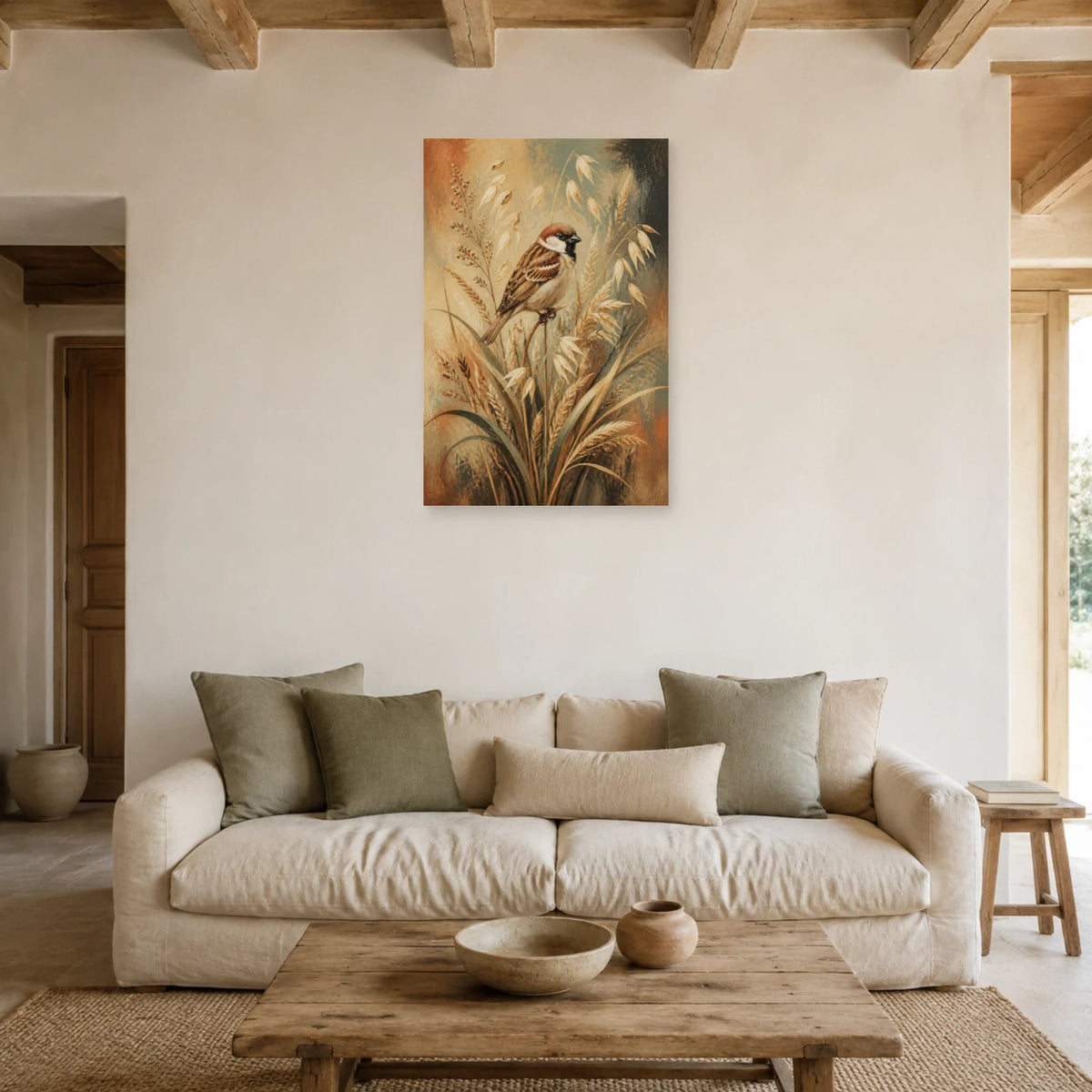 Affiche Moineau domestique et graminées sauvages dans un salon - Art Virtuoso