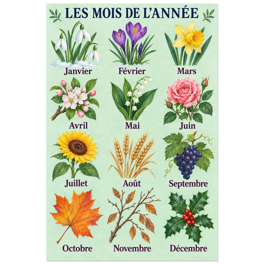 Douze mois en français dans un jardin illustré, affiche 30 × 45 cm