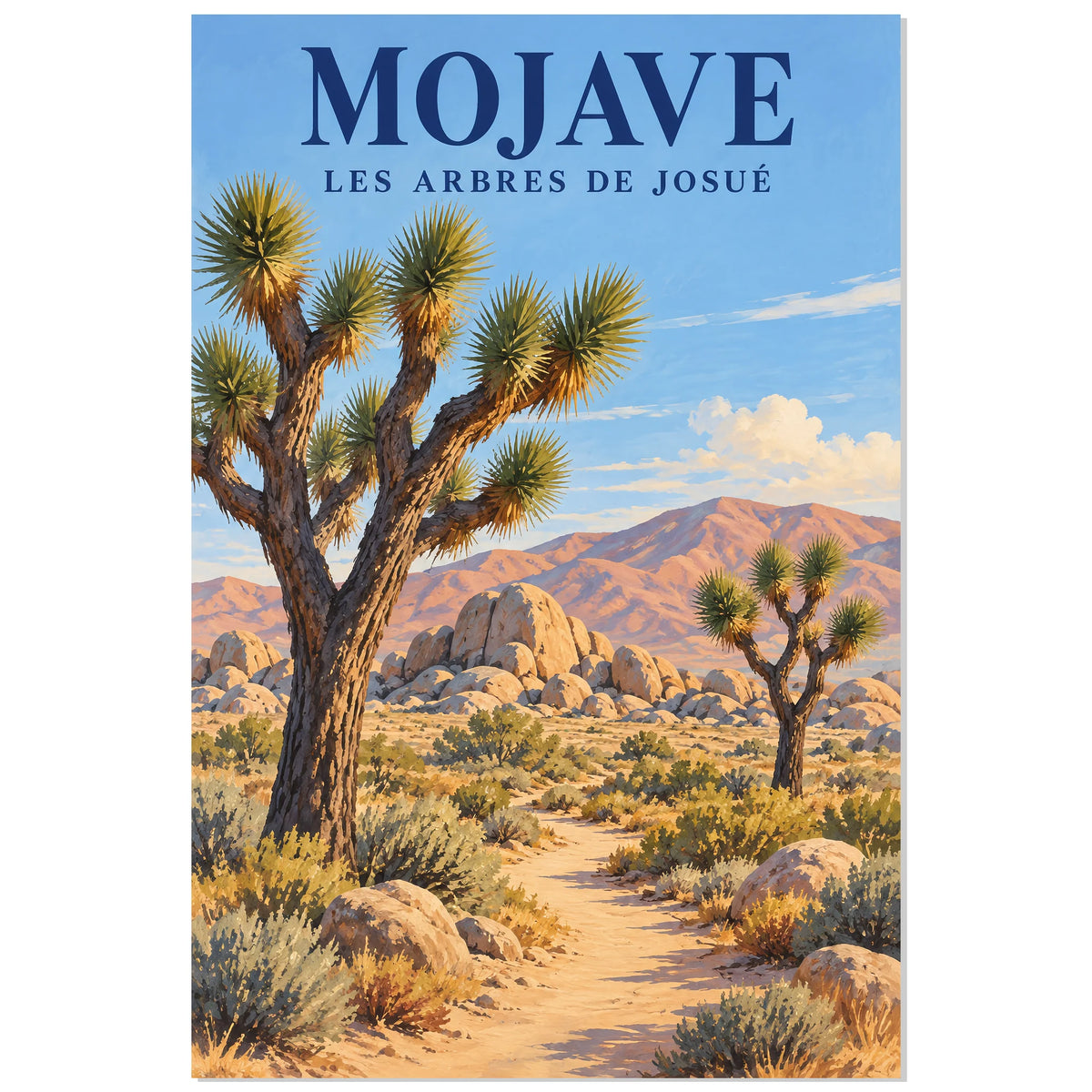 Affiche Mojave – Sentier des arbres de Josué, illustration de voyage / gouache paysagère / inspiration vintage verticale, format 60 × 90 cm