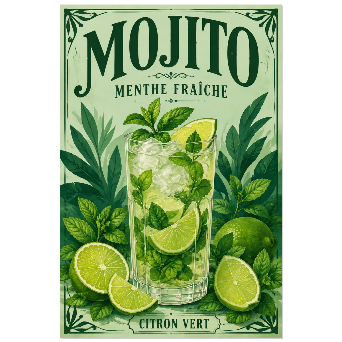 Affiche Mojito, menthe fraîche, illustration botanique rétro aux feuillages peints et au lettrage ornemental verticale, format 30 × 45 cm