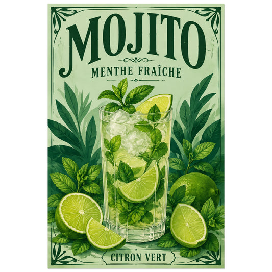 Affiche Mojito, menthe fraîche, illustration botanique rétro aux feuillages peints et au lettrage ornemental verticale, format 30 × 45 cm