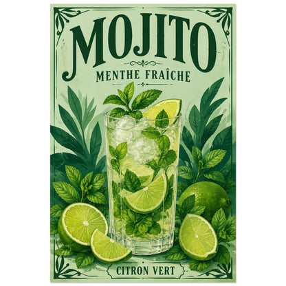 Affiche Mojito, menthe fraîche, illustration botanique rétro aux feuillages peints et au lettrage ornemental verticale, format 40 × 60 cm