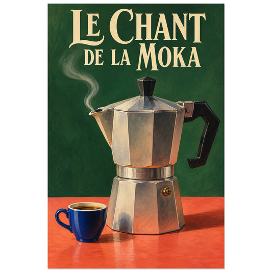 Cafetière moka argentée avec vapeur et tasse bleue, affiche 30 × 45 cm
