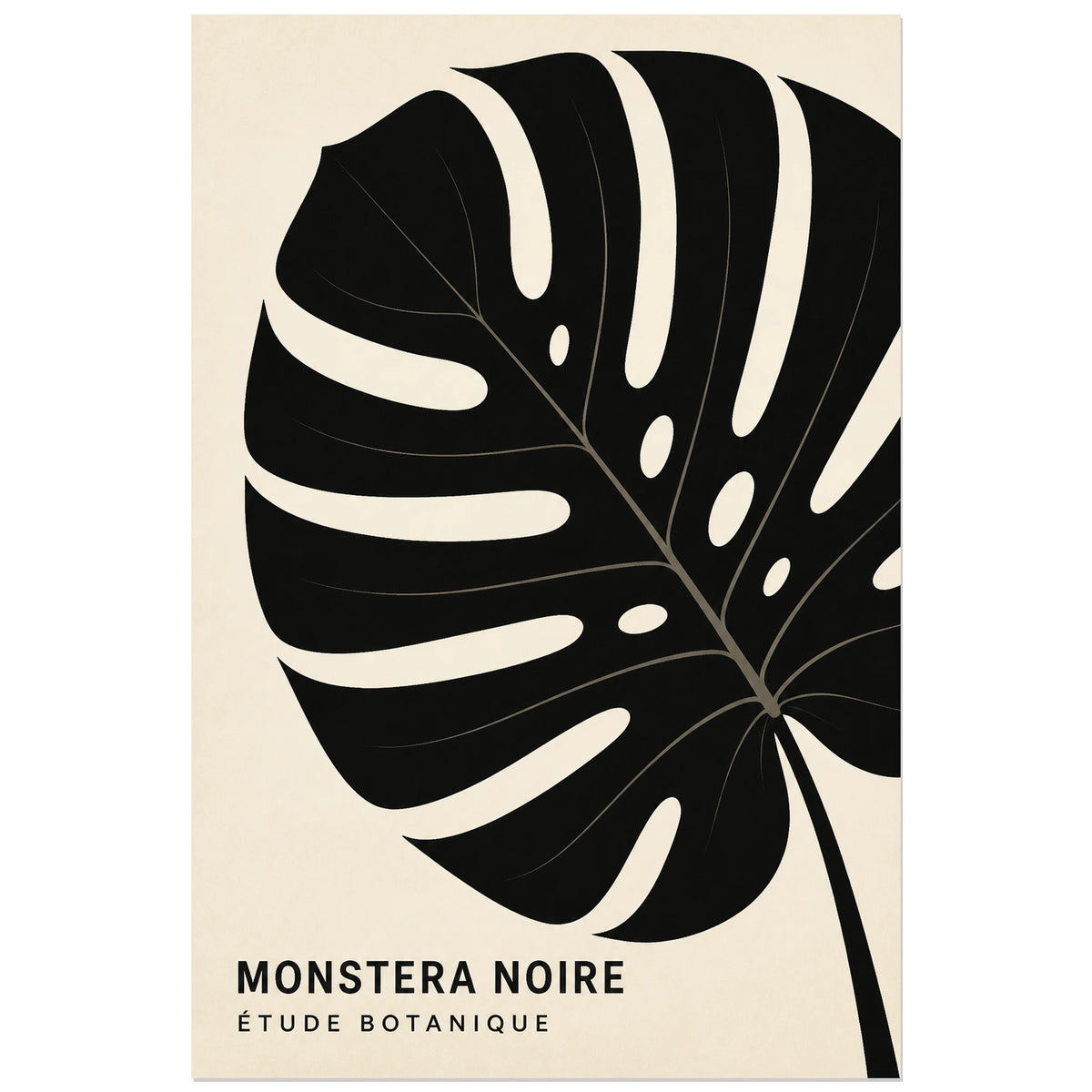 Affiche Monstera noire – Étude botanique, illustration botanique graphique en silhouette nette verticale, format 30 × 45 cm