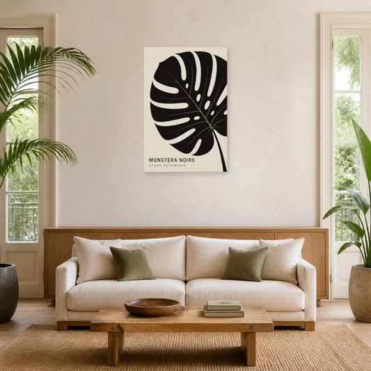 Affiche Monstera noire – Étude botanique dans un salon - Art Virtuoso