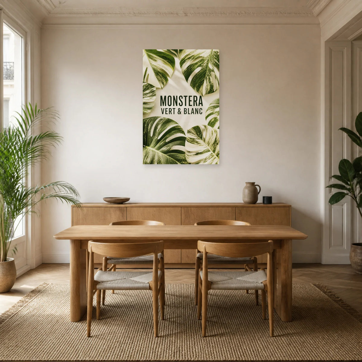 Affiche Monstera – Vert et blanc dans une salle à manger - Art Virtuoso