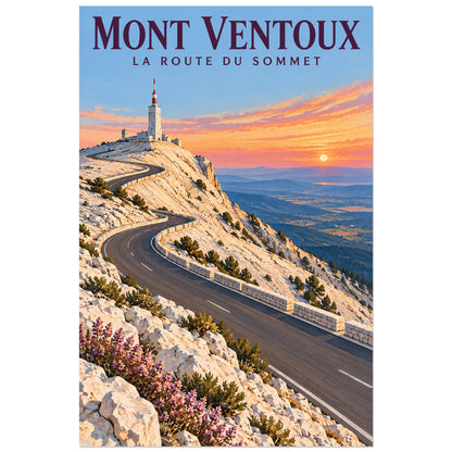 Affiche Mont Ventoux Route du sommet, illustration peinte / affiche de voyage rétro verticale, format 60 × 90 cm