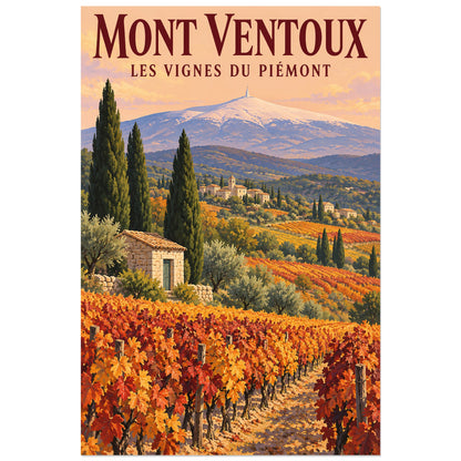 Affiche Mont Ventoux Vignes du piémont, illustration peinte / affiche de voyage rétro verticale, format 30 × 45 cm
